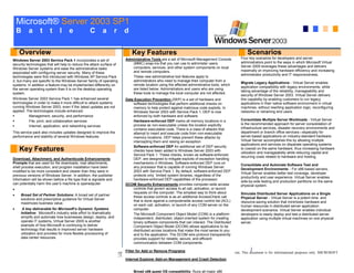 The information contained in this document represents the current view of Microsoft Corporation on the issues discussed as of the date of publication. This document is for informational purposes only. MICROSOFT
MAKES NO WARRANTIES, EXPRESS OR IMPLIED, IN THIS DOCUMENT. © 2004 Microsoft Corporation. All rights reserved.
Microsoft® Server 2003 SP1
B a t t l e C a r d
Key Features
Download, Attachment, and Authenticode Enhancements
Prompts that are used for file downloads, mail attachments,
shell process execution, and program installation have been
modified to be more consistent and clearer than they were in
previous versions of Windows Server. In addition, the publisher
information will be shown before a file type that is signable and
can potentially harm the user’s machine is openedputer
•
• Broad Set of Partner Solutions: A broad set of partner
solutions and prescriptive guidance for Virtual Server
maximizes business value.
• A key deliverable for Microsoft’s Dynamic Systems
Initiative: Microsoft’s industry wide effort to dramatically
simplify and automate how businesses design, deploy, and
operate IT systems, Virtual Server 2005 is another
example of how Microsoft is continuing to deliver
technology that results in improved server hardware
utilization and provides for more flexible provisioning of
data center resources.
Overview
Windows Server 2003 Service Pack 1 incorporates a set of
security technologies that will help to reduce the attack surface of
Windows Server systems and ease the administrative tasks
associated with configuring server security. Many of these
technologies were first introduced with Windows XP Service Pack
2, but many are specific to the Windows Server family of operating
systems. In addition a feature may be implemented differently on
the server operating system than it is on the desktop operating
system.
Windows Server 2003 Service Pack 1 has enhanced several
technologies in order to make it more difficult to attack systems
running Windows Server 2003, even if the latest updates are not
applied. The technologies include enhanced:
 Management, security, and performance
 File, print, and collaboration services
 Internet, application, and networking services
This service pack also includes updates designed to improve the
performance and stability of several Windows features.
Key Features
Administrative Tools are a set of Microsoft Management Console
(MMC) snap-ins that you can use to administer users,
computers, services, and other system components on local
and remote computers.
These new administrative tool features apply to
administrators who need to manage their computer from a
remote location using the affected administrative tools, which
are listed below. Administrators and users who are using
these tools to manage the local computer are not affected.
Data Execution Prevention (DEP) is a set of hardware and
software technologies that perform additional checks on
memory to help protect against malicious code exploits. In
Windows Server 2003 with Service Pack 1, DEP is now
enforced by both hardware and software.
Hardware-enforced DEP marks all memory locations in a
process as non-executable unless the location explicitly
contains executable code. There is a class of attacks that
attempt to insert and execute code from non-executable
memory locations. DEP helps prevent these attacks by
intercepting them and raising an exception.
Software-enforced DEP An additional set of DEP security
checks have been added to Windows Server 2003 with
Service Pack 1. These checks, known as software-enforced
DEP, are designed to mitigate exploits of exception handling
mechanisms in Windows. Software-enforced DEP runs on
any processor that is capable of running Windows Server
2003 with Service Pack 1. By default, software-enforced DEP
protects only `limited system binaries, regardless of the
hardware-enforced DEP capabilities of the processor.
DCOM Security Enhancements provides computer-wide access
controls that govern access to all call, activation, or launch
requests on the computer. The simplest way to think about
these access controls is as an additional AccessCheck call
that is done against a computerwide access control list (ACL)
on each call, activation, or launch of any COM server on the
computer.
The Microsoft Component Object Model (COM) is a platform-
independent, distributed, object-oriented system for creating
binary software components that can interact. The Distributed
Component Object Model (DCOM) allows applications to be
distributed across locations that make the most sense to you
and to the application. The DCOM wire protocol transparently
provides support for reliable, secure, and efficient
communication between COM components.
Filter for Add or Remove Programs
Internet Explorer Add-on Management and Crash Detection
Broad x86 guest OS compatibility: Runs all major x86
Scenarios
Four key scenarios for developers and server
administrators point to the ways in which Microsoft Virtual
Server 2005 leverages these advantages and delivers
maximally on improving hardware efficiency and increasing
administrator productivity and IT responsiveness.
Migrate Legacy Applications - Virtual Server enables
application compatibility with legacy environments, while
taking advantage of the reliability, manageability and
security of Windows Server 2003. Virtual Server delivers
this capability by enabling customers to run legacy
applications in their native software environment in virtual
machines, without rewriting application logic, reconfiguring
networks or retraining end users.
Consolidate Multiple Server Workloads - Virtual Server
is the recommended approach for server consolidation of
infrastructure services, disaster recovery environments and
department or branch office services—especially for
server-based applications on industry-standard hardware.
Virtual Server accomplishes this by allowing multiple
applications and services on disparate operating systems
to coexist on the same hardware, thus increasing hardware
utilization and manageability while reducing capital and
recurring costs related to hardware and hosting.
Consolidate and Automate Software Test and
Development Environments - For x86-based servers,
Virtual Server enables better test coverage, developer
productivity and user experience. Virtual Server enables
side-by-side testing and production partitions on the same
physical system.
Simulate Distributed Server Applications on a Single
Physical Server - Virtual Server is a potent time- and
resource-saving solution that minimizes hardware and
human resources in distributed server application
development scenarios. Virtual Server enables individual
developers to easily deploy and test a distributed server
application using multiple virtual machines on one physical
server.
 