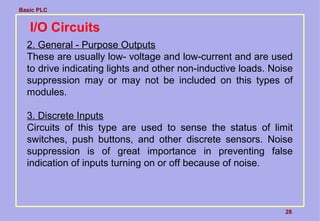 Basic PLC
28
I/O Circuits
2. General - Purpose Outputs
These are usually low- voltage and low-current and are used
to drive indicating lights and other non-inductive loads. Noise
suppression may or may not be included on this types of
modules.
3. Discrete Inputs
Circuits of this type are used to sense the status of limit
switches, push buttons, and other discrete sensors. Noise
suppression is of great importance in preventing false
indication of inputs turning on or off because of noise.
 