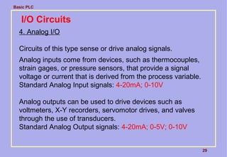 Basic PLC
29
I/O Circuits
4. Analog I/O
Circuits of this type sense or drive analog signals.
Analog inputs come from devices, such as thermocouples,
strain gages, or pressure sensors, that provide a signal
voltage or current that is derived from the process variable.
Standard Analog Input signals: 4-20mA; 0-10V
Analog outputs can be used to drive devices such as
voltmeters, X-Y recorders, servomotor drives, and valves
through the use of transducers.
Standard Analog Output signals: 4-20mA; 0-5V; 0-10V
 