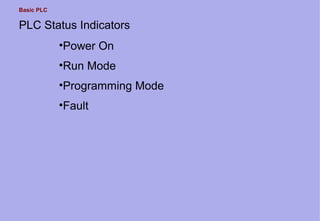 Basic PLC
PLC Status Indicators
•Power On
•Run Mode
•Programming Mode
•Fault
 