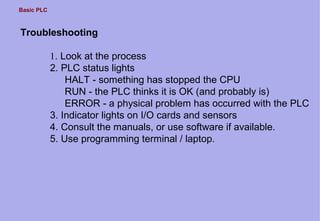Basic PLC
Troubleshooting
1. Look at the process
2. PLC status lights
HALT - something has stopped the CPU
RUN - the PLC thinks it is OK (and probably is)
ERROR - a physical problem has occurred with the PLC
3. Indicator lights on I/O cards and sensors
4. Consult the manuals, or use software if available.
5. Use programming terminal / laptop.
 