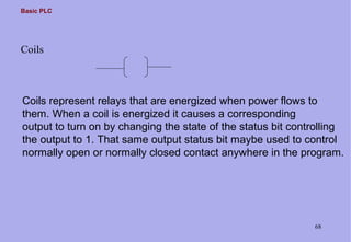 Basic PLC
68
Coils
Coils represent relays that are energized when power flows to
them. When a coil is energized it causes a corresponding
output to turn on by changing the state of the status bit controlling
the output to 1. That same output status bit maybe used to control
normally open or normally closed contact anywhere in the program.
 