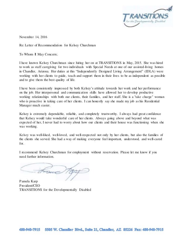 kelsey churchman letter of recommendation 11 14 16 by pamela karp letter of recommendation for a caregiver