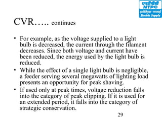 29
CVR….. continues
• For example, as the voltage supplied to a light
bulb is decreased, the current through the filament
decreases. Since both voltage and current have
been reduced, the energy used by the light bulb is
reduced.
• While the effect of a single light bulb is negligible,
a feeder serving several megawatts of lighting load
presents an opportunity for peak shaving.
• If used only at peak times, voltage reduction falls
into the category of peak clipping. If it is used for
an extended period, it falls into the category of
strategic conservation.
 