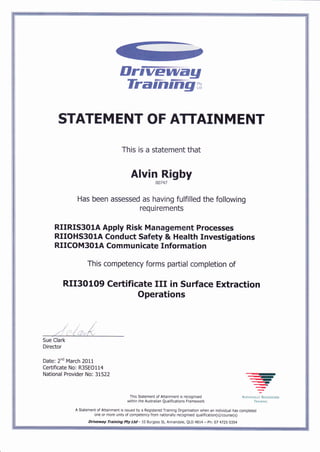 IlriVEffiag
T?affiiffign
STATEM ENT OF ATTAIN M ENT
This is a statement that
Alvin Rigby
00747
Has been assessed as having fulfilled the following
requirements
RIIRIS3O1A Apply Risk Managennent Processes
RIIOHS3O1A Conduct Safety & Health Investigations
RIICOM3O1A Commu nicate Information
This competency forms partial completion of
RII3O1O9 Ceftificate III in Sudace Extraction
Operations
Director
Date: 2nd March 2011
Ceftificate No: R3SEO114
National Provider No: 31522 ..-.a,-
--qa,...i-
-
€
NATToNATLY RrcocNrslD
TRAtNtNG
This Statement of Attainment is recognised
within the Australian Qualiflcations Framework
A Statement of Attainment is issued by a Registered Training Organisation when an individual has completed
one or more units of competency from nationally recognised qualification(s)/course(s)
Driveway Tnining Pty Ltd - 10 Burgess St, Annandale, QLD 4814 - ph: 07 47ZS 0354
 