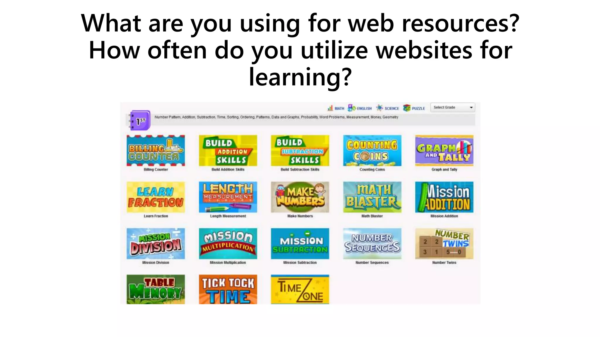 What are you using for web resources?
How often do you utilize websites for
learning?
 