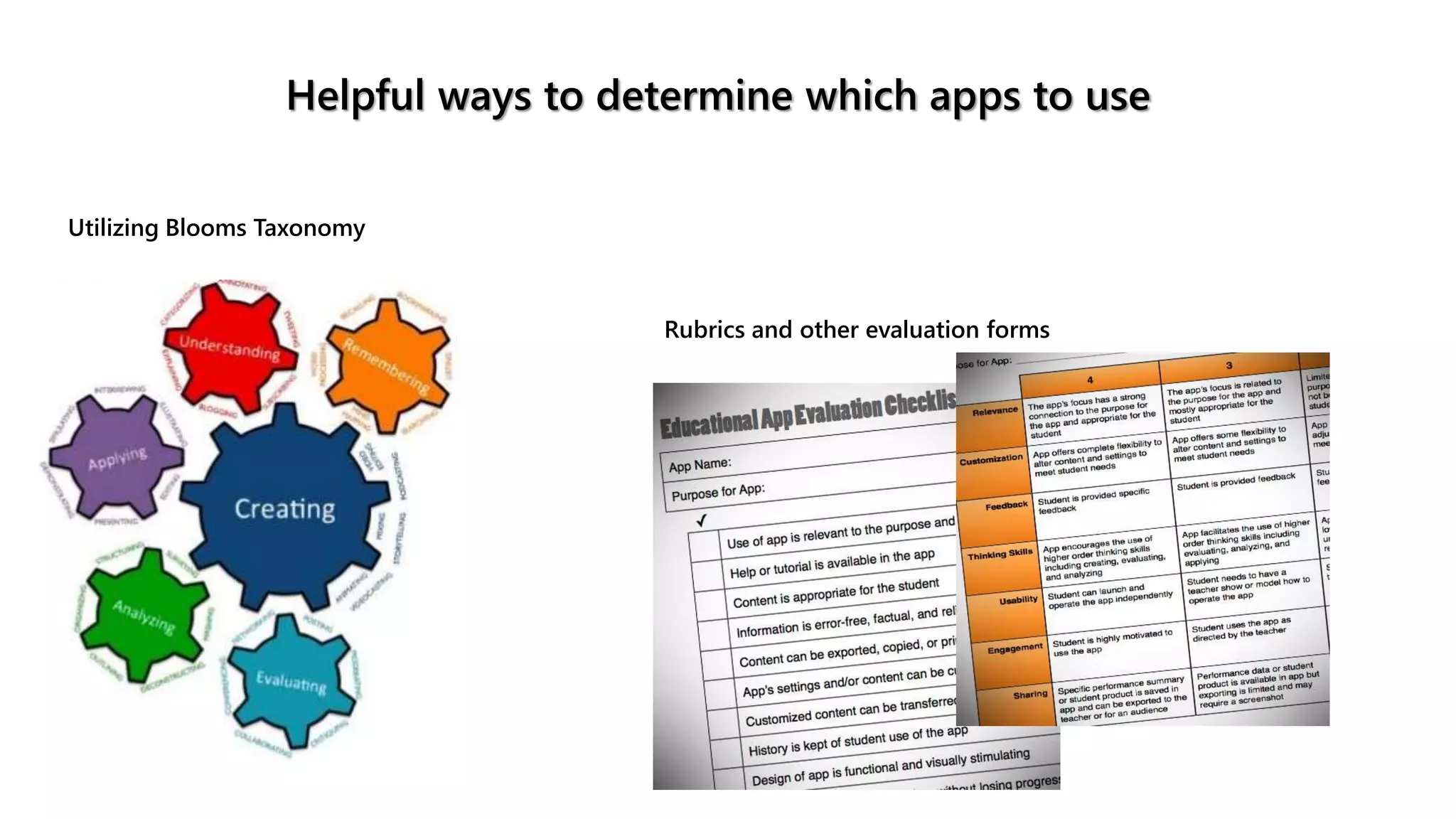 Utilizing Blooms Taxonomy
Rubrics and other evaluation forms
Helpful ways to determine which apps to use
 