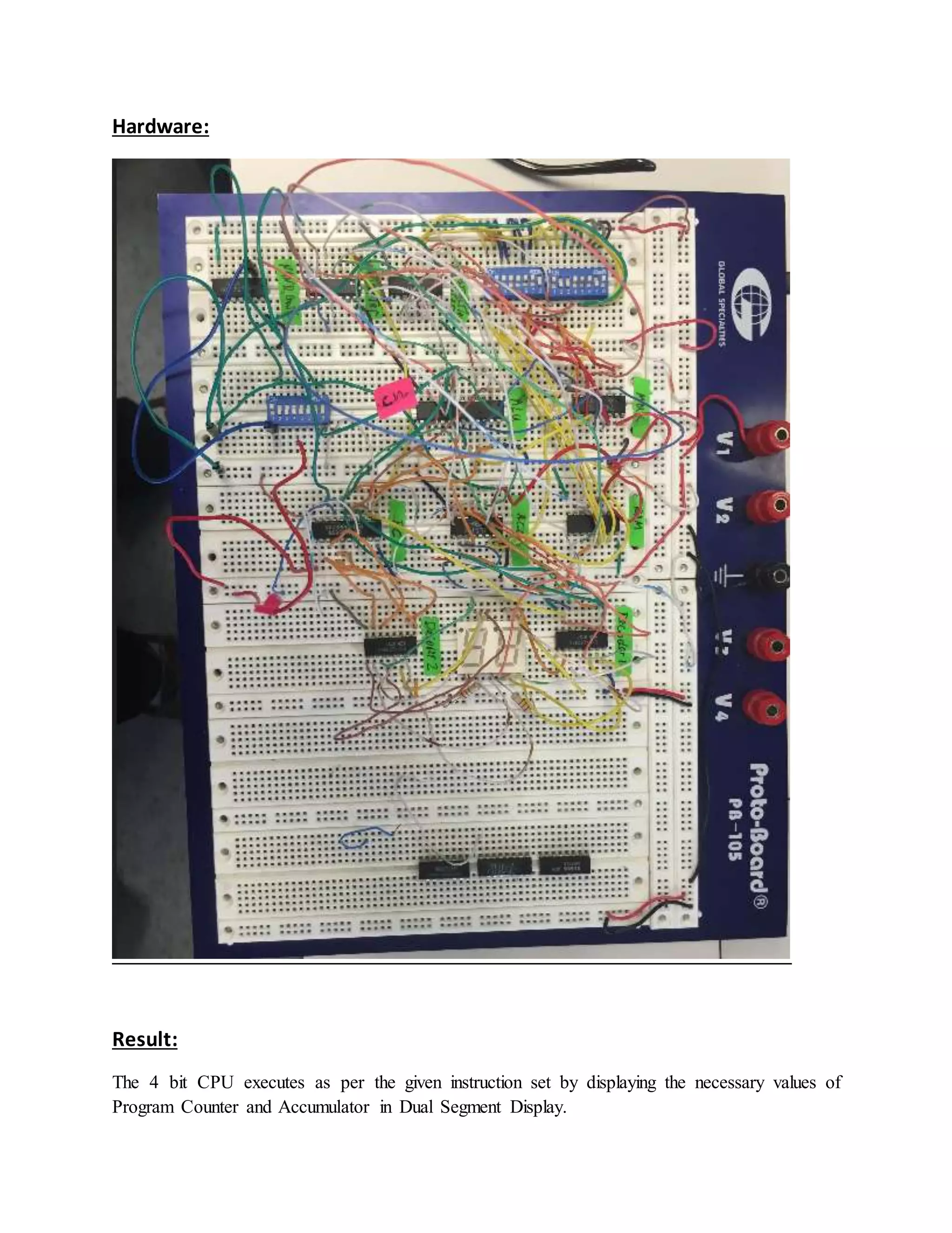 Hardware:
Result:
The 4 bit CPU executes as per the given instruction set by displaying the necessary values of
Program Counter and Accumulator in Dual Segment Display.
 
