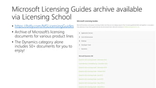 Microsoft Licensing Guides archive available
via Licensing School
• https://bitly.com/MSLicensingGuides
• Archive of Microsoft’s licensing
documents for various product lines
• The Dynamics category alone
includes 50+ documents for you to
enjoy!
 