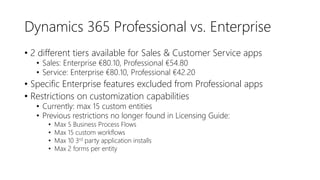 Dynamics 365 Professional vs. Enterprise
• 2 different tiers available for Sales & Customer Service apps
• Sales: Enterprise €80.10, Professional €54.80
• Service: Enterprise €80.10, Professional €42.20
• Specific Enterprise features excluded from Professional apps
• Restrictions on customization capabilities
• Currently: max 15 custom entities
• Previous restrictions no longer found in Licensing Guide:
• Max 5 Business Process Flows
• Max 15 custom workflows
• Max 10 3rd party application installs
• Max 2 forms per entity
 