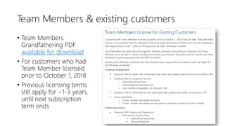 Team Members & existing customers
• Team Members
Grandfathering PDF
available for download
• For customers who had
Team Member licensed
prior to October 1, 2018
• Previous licensing terms
still apply for ~1-3 years,
until next subscription
term ends
 