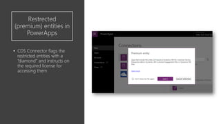 Restrected
(premium) entities in
PowerApps
• CDS Connector flags the
restricted entities with a
”diamond” and instructs on
the required license for
accessing them
 