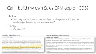 Can I build my own Sales CRM app on CDS?
• Before:
• “You may not replicate a standard feature of Dynamics 365 without
purchasing a license for the standard app”
• Today:
• “Go ahead!”
Licensing Guide, May 2018: Licensing Guide, November 2018:
 