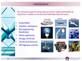 Industries Served
• Automobile
• Aviation, Aerospace
• Bio-engineering,
Healthcare
• Home appliances
• Energy, Oil & Gas
• Civil & Architectural
• Off-highway vehicles
15
Our technical expertise along with our teams ‘width and breadth of
experience’, enables us to serve the following industrial areas.
 