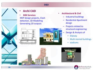 D&D
26
• Archi CAD
• BIM Services
MEP design projects, Clash
detection, 3D Modelling
Generating 2D outputs
• Architectural & Civil
– Industrial buildings
– Residential Apartment
design
– Projects related to
structural engineering
– Design & Analysis of
• Slipway
• Multi-storied buildings
• stadiums
 