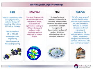 BizTransSysTech.EngServ Offerings
13
D&D
Product Engineering: NPD,
concept generation,
detailed design, 3D
modeling, 2D creation,
GDT & Eng. Changes
Legacy conversion
2D to 3D to 2D
Knowledge Based
Engineering
Value Engineering
Reverse Engineering
CAM/CAE
FEA, Mold flow and CFD
techniques to assist in
the product design,
evaluation and
optimization leading to
efficient design and
reduced costs.
simulation leads to
reduction in time to
market.
PLM
Strategic business
approach that applies a
consistent set of business
solutions in support of the
collaborative creation,
management,
dissemination, and use of
product definition
information across the
extended enterprise.
TechPub
We offer wide range of
technical publications
solutions, from authoring
and creation of basic
manuals, to complex
interactive technical
manuals and
publications. Our
technical writers, domain
experts, and graphic
designers transform vital
technical information into
user-centric information.
 