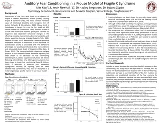 0.00
10.00
20.00
30.00
40.00
50.00
Immobility Duration Total (%)
Auditory Fear Conditioning in a Mouse Model of Fragile X Syndrome
Alex Koo ’18, Kevin Newhall ’17, Dr. Hadley Bergstrom, Dr. Bojana Zupan
Psychology Department, Neuroscience and Behavior Program, Vassar College, Poughkeepsie NY
Background:
Dysfunction of the Fmr1 gene leads to an absence of
Fragile X Mental Retardation Protein (FMRP), causing
Fragile X Syndrome (FXS), the most common heritable
cause of intellectual disability and monogenic form of
autism (Schaefer & Mendelsohn, 2008). Mouse fmr1 is
homologous to human Fmr1, and the fmr1 knock out (KO)
mouse models FXS (Consortium, 1994). Previous studies in
our lab have shown that maternal genotype is a marker for
dopamine (DA) dependent behavioral changes in the
offspring, including hyperactivity, abnormal sociability, and
altered appetitive learning strategy (Zupan & Toth, 2008;
Newhall & Zupan, 2014). Additionally, a maternal genotype
dependent reduction in expression of the dopamine D2
autoreceptor (D2aR) is associated with this behavioral
phenotype and possibly contributes to it by increased tonic
and attenuated phasic levels of dopamine (Chu, Gale, &
Zupan, 2015). The mesocorticolimbic dopamine pathway
projects to the amygdala where dopamine signaling has
been shown to be necessary for fear conditioning
(Steinberg et al., 2013). Suppression of phasic DA release
following administration of a D2aR agonist quinpirole has
been shown to impair fear conditioning (Nader & LeDoux,
1999). If reduction in maternal fmr1 expression
dysregulates offspring DA signaling, then we asked
whether fear conditioning may also be disrupted in a
maternal genotype-specific manner in our mouse model.
Methods:
Fear Conditioning Schedule:
Subjects: Fmr1-KO mice (Consortium, 1994) on the FVB (FVB/NJ-Fmr1tm1Cgr)
background.
Group Sizes: KO(H) n=9; WT(H) n=10; WT(WT) n=9
All experiments and procedures were approved by Vassar College
Institutional Animal Care and Use Committee.
Discussion:
• Freezing behavior has been shown to vary with mouse strain,
with FVB line freezing about 25% and 129 line freezing 45% of
cued recall CS presentation (March et al., 2014).
• Although we have high variability in our groups, across genotypes
our fmr1 KO mice on an FVB background freeze at similar rates to
other FVB mice in the published literature (March et al., 2014).
• One study using fmr1 KO mice on a hybrid FVB/129 strain showed
WT mice freeze significantly more during presentation of the CS
compared to fmr1 KO (Paradee et al., 1999), though other studies
using fmr1 KO mice on just an FVB strain were unable to replicate
these results (Van Dam et al., 2000).
• Lesions of the orbital prefrontal cortex have been shown to block
extinction of a conditioned fear response (Zelinksi et al., 2010).
Previous work in our lab has shown orbital prefrontal cortical
mediated reversal learning deficits in fmr1 KO mice (Stoff, Erazo,
Newhall, Mendoza, Chan & Zupan, 2016). This deficit, however,
was observed in appetitive reversal learning and not extinction of
a conditioned fear response.
• Our results confirm other studies that also show no effect on fear
conditioning in fmr1 KO mouse line on FVB background (Van Dam
et al., 2000).
Further Research:
In order to better elucidate the role of the Fmr1 KO mutation in fear
conditioning, this study should be replicated in a non-FVB fmr1 KO
mouse line that has higher basal response rates to fear conditioning.
Additionally, we hope to examine the effect of the fmr1 mutation on
acquisition and established extinction of the fear memory. As
dysregulation of dopamine signaling has been associated with other
maternal fmr1 genotype-dependent behaviors, it may be of interest
to assess the efficacy of DAergic agonists/antagonists on modulating
fear conditioning.
References:
Results:
Figure 2. CS+ Extinction.
Figure 1. Context Fear.
- 3x CS-US
- CS: 5kHz, 75 dB,
20s duration
- US: 1s, 0.6mA
foot shock
co-terminating
with CS
- ITI = 20-80s
- Ethanol odor
- 5 minute
re-exposure
- Ethanol
odor
- 20x CS
- CS: 5kHz, 75 dB
20s duration
- ITI = 20-80s
- Acetic acid odor
KO(H) WT(H) WT(WT)
1. Chu, D., Gale, J., Zupan, B. (2015) Maternal Fmr1 mutation reduces D2S expression in offspring
VTA but not SN. Poster.
2. Consortium, Helm, R. Van Der, Oerlemans, F., Hoogeveen, T., & Oostra, B. A. (1994). Fmrl
Knockout Mice : A Model to Study Fragile X Mental Retardation, 78, 23–33.
3. Nader, K., & LeDoux, J. (1999). The dopaminergic modulation of fear: quinpirole impairs the
recall of emotional memories in rats. Behavioral Neuroscience, 113(1), 152–165.
4. Newhall, K., Zupan, B., (2014) Effect of educed maternal FMRP expression on reversal learning in
male mice. Poster.
5. Paradee, W., Melikian, H. E., Rasmussen, D. L., Kenneson, A., Conn, P. J., & Warren, S. T. (1999).
Fragile X mouse: Strain effects of knockout phenotype and evidence suggesting deficient
amygdala function. Neuroscience, 94(1), 185–192.
6. Steinberg, E. E., Keiflin, R., Boivin, J. R., Witten, I. B., Deisseroth, K., & Janak, P. H. (2013). A
causal link between prediction errors, dopamine neurons and learning. Nature Neuroscience,
16(7), 1–10.
7. Stoff, E., Erazo, J., Newhall, K., Mendoza, M., Chan, C., & Zupan, B. (2016). Deficits in PFC-Dependent
Reversal Learning in fmr1 Knockout Mice. Poster.
8. Van Dam, D., D’Hooge, R., Hauben, E., Reyniers, E., Gantois, I., Bakker, C. E., … De Deyn, P. P.
(2000). Spatial learning, contextual fear conditioning and conditioned emotional response in
Fmr1 knockout mice. Behavioural Brain Research, 117(1-2), 127–136.
9. Zupan, B., & Toth, M. (2008). Wild-type male offspring of fmr-1+/- mothers exhibit
characteristics of the fragile X phenotype. Neuropsychopharmacology: 33(11), 2667–75.
10. Zelinski, E.L., Hong, N.S., Tyndall, A.V., Halsall, B., McDonald, R.J. (2010). Prefrontal cortical
contributions during discriminative fear conditioning, extinction, and spontaneous recovery in rats.
Exp. Brain Res. 203: 285-297
MeanPercentFreezing
**
Context A Context A Context B
No difference between groups in
context fear test (1-Way ANOVA,
F(2,25)=1.130, p=0.399).
No marked change in percent
difference between first 3 CS+ and
last 3 CS+ (1-Way ANOVA,
F=(2,25)=0.800, p=0.460).
- 3x CS
- CS: 5kHz, 75 dB
20s duration
- ITI = 20-80s
- Acetic acid odor
Context A Context A Context B Context B
Figure 3. Percent Difference Between Recall & Extinction.
No significant difference between
groups in extinction of CS+
(Repeated Measures ANOVA,
F(2,25)=0.726, p=0.494), but
significant effect of time
(F(162.821)=6.744, p<0.001).
0.00
10.00
20.00
30.00
40.00
CS 1 CS 2 CS 3
MeanPercentFreezing
KO(H)
WT(H)
WT(WT)
No significant difference between
groups in extinction recall test
(Genotype: F(2,25)=.815,p=.454,
Genotype*Time F(4,50)=.349,
p=.844), but there is a trend in time
(F(2,50)=2.900, p=.064).
Figure 4. Extinction Recall Test.
0.00
10.00
20.00
30.00
40.00
50.00
1 2 3 4 5 6 7 8 9 10 11 12 13 14 15 16 17 18 19 20
MeanPercentFreezing
Conditioned Stimulus
KO(H)
WT(H)
WT(WT)
0.00
10.00
20.00
30.00
40.00
50.00
1
MeanPercentFreezingDifference
KO(H) WT(H) WT(WT)
 