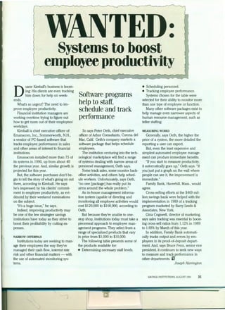 •
•
Systems to boost
employee productivity
D
uane Kimball's business is boom-
ing: His clients are even tracking
him down for help on week-
ends.
What's so urgent? The need to im-
prove employee productivity.
Financial institution managers are
working overtime trying to figure out
how to get more out of their employees'
workdays.
Kimball is chief executive officer of
Emanacom, Inc., Sommerworth, N.H.,
a vendor of PC-based software that
tracks employee performance in sales
and other areas of interest to financial
institutions.
Emanacom installed more than 75 of
its systems in I990, up from about 40
the previous year. And, similar growth is
projected for this year.
But, the software purchases don't be-
gin to tell the story of what's going on out
there, according to Kimball. He says
he's impressed by his clients' commit-
ment to employee productivity, as evi-
denced by their weekend ruminations
on the subject.
"It's a huge issue," he says.
Indeed, improving productivity may
be one of the few strategies savings
institutions have today as they strive to
boost their profitability by cutting ex-
penses.
NARROW OFFERINGS
Institutions today are seeking to man-
age their employees the way they've
managed their cash flow, interest rate
risk and other financial matters - with
the use of automated monitoring sys-
tems.
Software programs
help to staff,
schedule and track
performance
So says Peter Oeth, chief executive
officer of Arbor Consultants, Corona del
Mar, Calif. Oeth's company markets a
software package that helps schedule
employees.
The institution venturing into the tech-
nological marketplace will find a range
of systems dealing with narrow areas of
personnel management, Oeth says.
Some track sales, some monitor back-
office activities, and others help sched-
ule workers. Unfortunately, says Oeth,
"no one [package] has really put its
arms around the whole problem."
An in-house management informa-
tion system capable of directing and
monitoring all employee activities would
cost $I20,000 to $I60,000, according to
Oeth.
But because they're unable to one-
stop shop, institutions today must take a
piecemeal approach to employee man-
agement programs. They select from a
range of specialized products that vary
in price from $I ,OOO to $IO,OOO.
The following table presents some of
the products available for:
• Determining necessary staff levels.
• Scheduling personnel.
• Tracking employee performance.
Systems chosen for the table were
selected for their ability to monitor more
than one type of employee or function.
Many other software packages exist to
help manage even narrower aspects of
human resource management, such as
teller staffing.
MEASURING WORKS
Generally, says Oeth, the higher the
price of a system, the more detailed the
reporting a user can expect.
But, even the least expensive and
simplest automated employee manage-
ment can produce immediate benefits.
"If you start to measure productivity,
it automatically goes up," Oeth says. "If
you just put a graph on the wall where
people can see it, the improvement is
immediate."
Family Bank, Haverhill, Mass., would
agree.
Cross-selling efforts at the $469 mil-
lion savings bank were helped with the
implementation in I989 of a tracking
program marketed by Barry Leeds &
Associates, New York.
Gina Cogswell, director of marketing,
says sales tracking was essential to boost-
ing cross-sell ratios from I.I2%in I989
to I.68% by March of this year.
In addition, Family Bank automati-
cally tracks output and errors by em-
ployees in its proof-of-deposit depart-
ment. And, says Bruce Fenn, senior vice
president, it continues to seek new ways
to measure and track performance in
other departments. ~
Joseph Harrington
SAVINGS INSTITUTIONS, AUGUST 1991 31
 