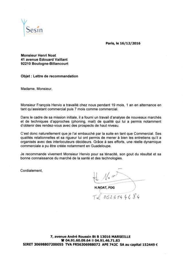 Lettre de recommandation Mr Noat