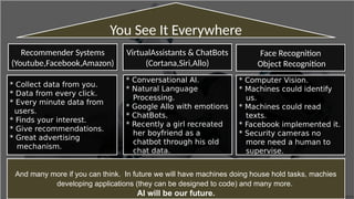 You See It EverywhereYou See It Everywhere
Recommender Systems
(Youtube,Facebook,Amazon)
Recommender Systems
(Youtube,Facebook,Amazon)
VirtualAssistants & ChatBots
(Cortana,Siri,Allo)
VirtualAssistants & ChatBots
(Cortana,Siri,Allo)
Face Recognition
Object Recognition
Face Recognition
Object Recognition
* Collect data from you.
* Data from every click.
* Every minute data from
users.
* Finds your interest.
* Give recommendations.
* Great advertising
mechanism.
* Collect data from you.
* Data from every click.
* Every minute data from
users.
* Finds your interest.
* Give recommendations.
* Great advertising
mechanism.
* Conversational AI.
* Natural Language
Processing.
* Google Allo with emotions
* ChatBots.
* Recently a girl recreated
her boyfriend as a
chatbot through his old
chat data.
* Conversational AI.
* Natural Language
Processing.
* Google Allo with emotions
* ChatBots.
* Recently a girl recreated
her boyfriend as a
chatbot through his old
chat data.
* Computer Vision.
* Machines could identify
us.
* Machines could read
texts.
* Facebook implemented it.
* Security cameras no
more need a human to
supervise.
* Computer Vision.
* Machines could identify
us.
* Machines could read
texts.
* Facebook implemented it.
* Security cameras no
more need a human to
supervise.
And many more if you can think. In future we will have machines doing house hold tasks, machies
developing applications (they can be designed to code) and many more.
AI will be our future.
And many more if you can think. In future we will have machines doing house hold tasks, machies
developing applications (they can be designed to code) and many more.
AI will be our future.
 