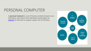 PERSONAL COMPUTER
A personal network is a set of human contacts known to an
individual, with whom that individual would expect to
interact at intervals to support a given set of activities.
 