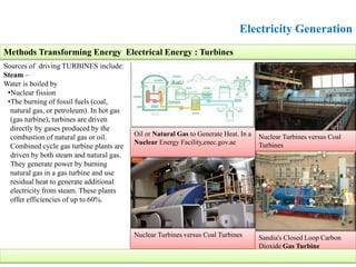 Electricity Generation
Sources of driving TURBINES include:
Steam –
Water is boiled by
•Nuclear fission
•The burning of fossil fuels (coal,
natural gas, or petroleum). In hot gas
(gas turbine), turbines are driven
directly by gases produced by the
combustion of natural gas or oil.
Combined cycle gas turbine plants are
driven by both steam and natural gas.
They generate power by burning
natural gas in a gas turbine and use
residual heat to generate additional
electricity from steam. These plants
offer efficiencies of up to 60%.
Methods Transforming Energy Electrical Energy : Turbines
Nuclear Turbines versus Coal
Turbines
Nuclear Turbines versus Coal Turbines Sandia's Closed Loop Carbon
Dioxide Gas Turbine
Oil or Natural Gas to Generate Heat. In a
Nuclear Energy Facility,enec.gov.ae
 