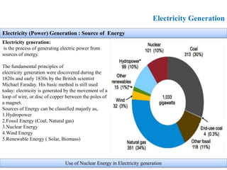 Electricity Generation
Electricity generation:
is the process of generating electric power from
sources of energy.
The fundamental principles of
electricity generation were discovered during the
1820s and early 1830s by the British scientist
Michael Faraday. His basic method is still used
today: electricity is generated by the movement of a
loop of wire, or disc of copper between the poles of
a magnet.
Sources of Energy can be classified majorly as,
1.Hydropower
2.Fossil Energy (Coal, Natural gas)
3.Nuclear Energy
4.Wind Energy
5.Renewable Energy ( Solar, Biomass)
Electricity (Power) Generation : Source of Energy
Use of Nuclear Energy in Electricity generation
 