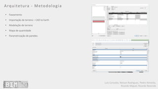 Luís Coroado, Nelson Rodrigues, Pedro Almeida,
Ricardo Miguel, Ricardo Resende
Arquitetura - Metodologia
• Faseamento
• Importação de terreno – CAD to Earth
• Modelação de terreno
• Mapa de quantidade
• Parametrização de paredes
 