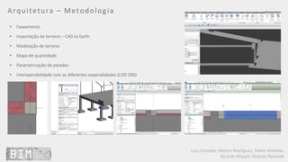 Luís Coroado, Nelson Rodrigues, Pedro Almeida,
Ricardo Miguel, Ricardo Resende
• Faseamento
• Importação de terreno – CAD to Earth
• Modelação de terreno
• Mapa de quantidade
• Parametrização de paredes
• Interoperabilidade com as diferentes especialidades (LOD 300)
Arquitetura – Metodologia
 