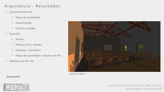 Luís Coroado, Nelson Rodrigues, Pedro Almeida,
Ricardo Miguel, Ricardo Resende
Arquitetura - Resultados
Arquimedes
• Extração de Métricas
• Mapas de quantidades
• Orçamentação
• Caderno encargos
• Desenhos
• Renders
• Plantas, Cortes, Alçados
• Amarelos e Vermelhos
• Mapas de quantidades e relação com FM
• Modelos para RV e RA
Unity for Revit
 