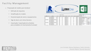 Luís Coroado, Nelson Rodrigues, Pedro Almeida,
Ricardo Miguel, Ricardo Resende
Facility Management
o Preparação de modelo para handover
• Definição de requisitos
• Simplificação do modelo
• Parametrização de rooms e equipamentos
• Tags de doors com rotina Dynamo
• Importação / exportação de schedules
para completer em Excel (proof of concept)
 