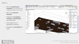 Luís Coroado, Nelson Rodrigues, Pedro Almeida,
Ricardo Miguel, Ricardo Resende
Obra
o Obra de requalificação e
ampliação da Escola Básica da
Trindade, São Tome e Príncipe
o Obra com a dimensão
adequada
o Trabalho de remodelação,
ampliação e requalificação,
com faseamento
o Comunicação com as
populações é essencial
o Adequado às necessidades do
grupo
https://www.youtube.com/watch?v=Fv6EVae8Tfg
 