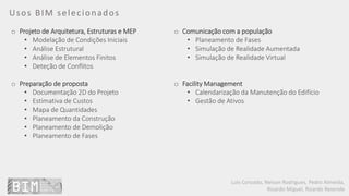 Luís Coroado, Nelson Rodrigues, Pedro Almeida,
Ricardo Miguel, Ricardo Resende
Usos BIM selecionados
o Projeto de Arquitetura, Estruturas e MEP
• Modelação de Condições Iniciais
• Análise Estrutural
• Análise de Elementos Finitos
• Deteção de Conflitos
o Preparação de proposta
• Documentação 2D do Projeto
• Estimativa de Custos
• Mapa de Quantidades
• Planeamento da Construção
• Planeamento de Demolição
• Planeamento de Fases
o Comunicação com a população
• Planeamento de Fases
• Simulação de Realidade Aumentada
• Simulação de Realidade Virtual
o Facility Management
• Calendarização da Manutenção do Edifício
• Gestão de Ativos
 