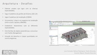 Luís Coroado, Nelson Rodrigues, Pedro Almeida,
Ricardo Miguel, Ricardo Resende
Arquitetura - Desafios
• Elaborar projeto que ligue com as diversas
especialidades;
• Seguir Guidelines de partilha de ficheiros (AEC UK)
• Seguir Guidelines de modelação (COBIM)
• Ferramentas / plug-in ao programa de modelação
(CAD to Earth, dynamo, BIMONE)
• Estabelecer faseamentos com as diferentes
especialidades.
• Criar famílias de objetos paramétricas e comunicar
com Facility Management.
• Extração de desenhos e mapas quantidades em
outros programas.
 