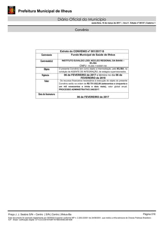 Prefeitura Municipal de Ilheus
Diário Oficial do Município
sexta-feira, 10 de março de 2017 | Ano II - Edição nº 00137 | Caderno 1
Convênio
Extrato do CONVENIO nº 001/2017-S
Contratante Fundo Municipal de Saúde de Ilhéus
Contratado(s) INSTITUTO EUVALDO LODI, NÚCLEO REGIONAL DA BAHIA –
IEL/BA
CNPJ: 15.244.114/0001-54
Objeto O presente Convênio tem como objeto a intermediação, pelo IEL/BA, na
condição de AGENTE DE INTEGRAÇÃO, de estágios supervisionados.
Vigência 06 de FEVEREIRO de 2017 e término no dia 06 de
FEVEREIRO de 2018
Valor Os recursos financeiros necessários à execução do objeto do presente
Convênio serão na ordem de R$ 751.932,00 (setecentos e cinquenta e
um mil novecentos e trinta e dois reais), valor global anual.
PROCESSO ADMINISTRATIVO 240/2017.
Data de Assinatura
06 de FEVEREIRO de 2017
Praça J. J. Seabra S/N – Centro | S/N | Centro | Ilhéus-Ba Página 016
Este documento foi assinado digitalmente por SERASA Experian conforme MP n. 2.200-2/2001 de 24/08/2001, que institui a infra-estrutura de Chaves Públicas Brasileira -
ICP - Brasil. Cetificação diigital: CF1CCCC04167DBF7EF86E4406C5B1608
Prefeitura Municipal de Ilheus
Diário Oficial do Município
sexta-feira, 10 de março de 2017 | Ano II - Edição nº 00137 | Caderno 1
 