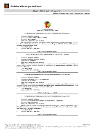 Prefeitura Municipal de Ilheus
Diário Oficial do Município
sexta-feira, 10 de março de 2017 | Ano II - Edição nº 00137 | Caderno 1
ESTADO DA BAHIA
PREFEITURA MUNICIPAL DE ILHÉUS
EXTRATO DO CONTRATO n. 012/2017/DISPENSA DE LICITAÇÃO n. 008/2017
 Contratante: Município de Ilhéus.
 Contratado (a): JOSÉ MARIA IBANÊZ BOSCH
 CNPJ/CPF: 745.237.401-00
 CLÁUSULA PRIMEIRA – DO OBJETO
 1.1: Este Termo de Contrato tem como objeto a locação de imóvel sito à Avenida Central, Quadra 32, nº. 31,
bairro Teotônio Vilela, Ilhéus/BA, destinado ao funcionamento do Programa CRAS do Teotônio Vilela, ligados a
Secretaria de Desenvolvimento Social.
 Valor: R$ 10.116,00
 Vigência: 20/01/2017 a 20/01/2018.
ILHÉUS/BA, 20 de janeiro de 2017.
EXTRATO DO CONTRATO n. 013/2017/DISPENSA DE LICITA n. 021/2017
 Contratante: Município de Ilhéus.
 Contratado (a): HÉLIO BORGES AQUINO
 CNPJ/CPF: 219.185.705-15
 CLÁUSULA PRIMEIRA – DO OBJETO
 1.1:Este Termo de Contrato tem como objeto a locação de imóvel sito à Rua C, nº 110, Loteamento Águas de
Olivença, bairro Olivença, Ilhéus/BA, destinado ao funcionamento do Escola Indígena Tupinambá, ligada a
Secretaria de Educação.
 Valor: R$ 23.964,00
 Vigência: 20/01/2017 a 20/01/2018.
ILHÉUS/BA, 20 de janeiro de 2017.
EXTRATO DO CONTRATO n. 014/2017/DISPENSA DE LICITAÇÃO n. 032/2017
 Contratante: Município de Ilhéus.
 Contratado (a): CATARINA D’EL REI FERREIRA
 CNPJ/CPF: 652.206.845-15
 CLÁUSULA PRIMEIRA – DO OBJETO
 1.1:Este Termo de Contrato tem como objeto a locação de imóvel sito à Rua Salgado Filho, s/n, Castelo Novo,
Ilhéus/BA, destinado ao funcionamento das salas de aula para os alunos da Educação Infantil Fundamental l e ll da
Escola Nucleada de Castelo Novo, ligada a Secretaria de Educação.
 Valor: R$ 8.832,00
 Vigência: 20/01/2017 a 20/01/2018.
ILHÉUS/BA, 20 de janeiro de 2017.
EXTRATO DO CONTRATO n. 015/2017/DISPENSA DE LICITAÇÃO n. 017/2017
 Contratante: Município de Ilhéus.
 Contratado (a): ASSOCIAÇÃO ILHEENSE DE ASSISTÊNCIA À MENORES.
 CNPJ/CPF: 14.173.587/0001-45
 CLÁUSULA PRIMEIRA – DO OBJETO
 1.1:Este Termo de Contrato tem como objeto a locação de imóvel sito à Rodovia Ilhéus/Itabuna, Km 11,
Ilhéus/BA, destinado ao funcionamento das salas de aula para Educação Infantil ensino Fundamental l da Casa
Dom Bosco, ligada a Secretaria de Educação.
 Valor: R$ 46.128,00
 Vigência: 20/01/2017 a 20/01/2018.
ILHÉUS/BA, 20 de janeiro de 2017.
Praça J. J. Seabra S/N – Centro | S/N | Centro | Ilhéus-Ba Página 020
Este documento foi assinado digitalmente por SERASA Experian conforme MP n. 2.200-2/2001 de 24/08/2001, que institui a infra-estrutura de Chaves Públicas Brasileira -
ICP - Brasil. Cetificação diigital: D38676851A50CAF05114286A91FBA195
 