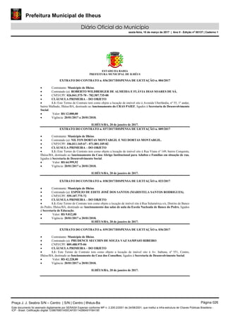 Prefeitura Municipal de Ilheus
Diário Oficial do Município
sexta-feira, 10 de março de 2017 | Ano II - Edição nº 00137 | Caderno 1
ESTADO DA BAHIA
PREFEITURA MUNICIPAL DE ILHÉUS
EXTRATO DO CONTRATO n. 036/2017/DISPENSA DE LICITAÇÃO n. 004/2017
 Contratante: Município de Ilhéus.
 Contratado (a): ROBERTO WILDBERGER DE ALMEIDA E FLÁVIA DIAS SOARES DE SÁ.
 CNPJ/CPF: 026.841.575-70 - 782.507.735-00
 CLÁUSULA PRIMEIRA – DO OBJETO
 1.1: Este Termo de Contrato tem como objeto a locação de imóvel sito à Avenida Uberlândia, nº 55, 1º andar,
bairro Malhado, Ilhéus/BA, destinado ao funcionamento do CRAS PAIEF, ligados à Secretaria de Desenvolvimento
Social.
 Valor: R$ 12.000,00
 Vigência: 20/01/2017 a 20/01/2018.
ILHÉUS/BA, 20 de janeiro de 2017.
EXTRATO DO CONTRATO n. 037/2017/DISPENSA DE LICITAÇÃO n. 009/2017
 Contratante: Município de Ilhéus.
 Contratado (a): NILTON DORTAS MONTARGIL E NEI DORTAS MONTARGIL.
 CNPJ/CPF: 106.811.165-67 - 071.801.105-82
 CLÁUSULA PRIMEIRA – DO OBJETO
 1.1: Este Termo de Contrato tem como objeto a locação de imóvel sito à Rua Viana nº 149, bairro Conquista,
Ilhéus/BA, destinado ao funcionamento da Casa Abrigo Institucional para Adultos e Famílias em situação de rua,
ligados à Secretaria de Desenvolvimento Social.
 Valor: R$ 64.999,92
 Vigência: 20/01/2017 a 20/01/2018.
ILHÉUS/BA, 20 de janeiro de 2017.
EXTRATO DO CONTRATO n. 038/2017/DISPENSA DE LICITAÇÃO n. 023/2017
 Contratante: Município de Ilhéus.
 Contratado (a): ESPÓLIO DE EDITE JOSÉ DOS SANTOS (MARISTELA SANTOS RODRIGUES).
 CNPJ/CPF: 559.107.775-72
 CLÁUSULA PRIMEIRA – DO OBJETO
 1.1: Este Termo de Contrato tem como objeto a locação de imóvel sito à Rua Sulamérica s/n, Distrito de Banco
do Pedro, Ilhéus/BA, destinado ao funcionamento das salas de aula da Escola Nucleada de Banco do Pedro, ligados
à Secretaria de Educação.
 Valor: R$ 9.012,00
 Vigência: 20/01/2017 a 20/01/2018.
ILHÉUS/BA, 20 de janeiro de 2017.
EXTRATO DO CONTRATO n. 039/2017/DISPENSA DE LICITAÇÃO n. 036/2017
 Contratante: Município de Ilhéus.
 Contratado (a): PRUDENCE SECCHIN DE SOUZA VAZ SAMPAIO RIBEIRO
 CNPJ/CPF: 889.488.975-04
 CLÁUSULA PRIMEIRA – DO OBJETO
 1.1: Este Termo de Contrato tem como objeto a locação de imóvel sito à Av. Itabuna, nº 551, Centro,
Ilhéus/BA, destinado ao funcionamento da Casa dos Conselhos, ligados à Secretaria de Desenvolvimento Social.
 Valor: R$ 42.228,00
 Vigência: 20/01/2017 a 20/01/2018.
ILHÉUS/BA, 20 de janeiro de 2017.
Praça J. J. Seabra S/N – Centro | S/N | Centro | Ilhéus-Ba Página 026
Este documento foi assinado digitalmente por SERASA Experian conforme MP n. 2.200-2/2001 de 24/08/2001, que institui a infra-estrutura de Chaves Públicas Brasileira -
ICP - Brasil. Cetificação diigital: D38676851A50CAF05114286A91FBA195
 