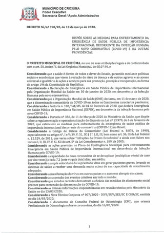 Coronavírus - Decreto do prefeito Clésio Salvaro, de Criciúma