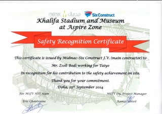 Safety Recognition Certificate