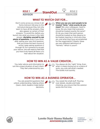 ROLE 1
ADVISOR
ROLE 2
EQUALIZER
WHAT TO WATCH OUT FOR...
Don't come across as a know-it-all.
Some Advisors fall prey to this
caricature because they not only
seem to have all the answers, they
also appear so certain of their
answers. To avoid this, before you
launch into what you know is the right
answer, discipline yourself to ask
plenty of questions. Even if you think,
after asking your very first question,
that you know the best course of
action, keep asking questions 2
through 10. For someone to accept
your advice, she will need to feel that
you have truly heard all there is to
hear about her situation.
When you say you want people to be
treated "fairly," what exactly do you
mean? We, your colleagues, need to
know. Do you mean that everyone
should be treated exactly the same?
Or do you mean that each person
should be treated as they deserve to
be treated, bearing in mind who they
are, and what they have accomplished
for the organization? Clearly, these
are very different definitions of
"fairness." Which is yours?
HOW TO WIN AS A VALUE CREATOR...
You tailor advice and information to
suit the unique situation of each client.
They feel understood by you.
You always do the "right" thing. Even
when it means losing out on a piece of
work, you only sell what's needed.
This builds trust quickly.
HOW TO WIN AS A BUSINESS OPERATOR...
You ask powerful questions that
unlock understanding, helping others
(team, client, leaders) make better
decisions.
You sweat the small stuff. Pouring
over details, double and triple
checking, you ensure that the solution
works the first time.
STANDOUT
ASSESSMENT
RESULTS
Lorette Nazir Hanna Habashy
ADVISOREQUALIZER
13
 