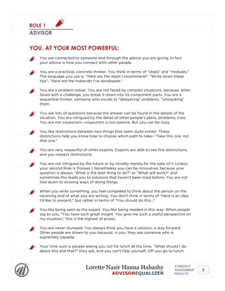 ROLE 1
ADVISOR
YOU, AT YOUR MOST POWERFUL:
You are connected to someone else through the advice you are giving. In fact
your advice is how you connect with other people.
You are a practical, concrete thinker. You think in terms of "steps" and "modules."
The language you use is: "Here are the steps I recommend"; "Write down these
tips"; "Here are the materials I've developed."
You are a problem solver. You are not fazed by complex situations, because, when
faced with a challenge, you break it down into its component parts. You are a
sequential thinker, someone who excels at "delayering" problems, "unstacking"
them.
You ask lots of questions because the answer can be found in the details of the
situation. You are intrigued by the detail of other people's plans, problems, lives.
You are not voyeuristic--voyeurism is too passive. But you can be nosy.
You like distinctions between two things that seem quite similar. These
distinctions help you know how to choose which path to take--"Take this one, not
that one."
You are very respectful of other experts. Experts are able to see fine distinctions,
and you respect distinctions.
You are not intrigued by the future or by novelty merely for the sake of it (unless
your second Role is Pioneer.) Nonetheless you can be innovative, because your
question is always "What is the best thing to do?" or "What will work?" and
sometimes this leads you to solutions that haven't been tried before. You are not
tied down to existing ways of doing things.
When you write something, you feel compelled to think about the person on the
receiving end of what you are writing. You don't think in terms of "Here is an idea
I'd like to present," but rather in terms of "You should do this..."
You like being seen as the expert. You like being needed in this way. When people
say to you, "You have such great insight. You give me such a useful perspective on
my situation," this is the highest of praise.
You are never stumped. You always think you have a solution, a way forward.
Other people are drawn to you because, in you, they see someone who is
supremely capable.
Your time suck is people asking you out for lunch all the time. "What should I do
about this and that?" they ask, and you can't help yourself. Off you go to lunch.
STANDOUT
ASSESSMENT
RESULTS
Lorette Nazir Hanna Habashy
ADVISOREQUALIZER
5
 