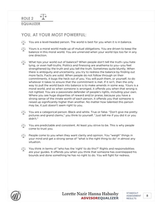 ROLE 2
EQUALIZER
YOU, AT YOUR MOST POWERFUL:
You are a level-headed person. The world is best for you when it is in balance.
Yours is a moral world made up of mutual obligations. You are driven to keep the
balance in this moral world. You are unnerved when your world tips too far in any
one direction.
What tips your world out of balance? When people don't tell the truth--you hate
lying, or even half-truths. Politics and finessing are anathema to you--you feel
strengthened by the truth and you tell the truth. Sometimes quite bluntly. When
there is ambiguity and uncertainty, you try to redress the balance by finding out
more facts. Facts are solid. When people do not follow through on their
commitments, it bugs the heck out of you. You will push them, or yourself, to do
whatever it takes to ensure that the commitment is met. If it isn't, then the only
way to pull the world back into balance is to make amends in some way. Yours is a
moral world, and so when someone is wronged, it offends you when that wrong is
not righted. You are a passionate defender of people's rights, including your own.
Where you see huge disparities of reward and/or praise, because you have a
strong sense of the innate worth of each person, it offends you that someone is
raised up significantly higher than another. No matter how talented this person
may be, it just doesn't seem right to you.
You are a categorical person. Black and white. True or false. "Don't give me pretty
pictures and grand claims," you think to yourself. "Just tell me if you did it or you
didn't."
You are predictable and consistent. At least you strive to be. This is why people
come to trust you.
People come to you when they want clarity and opinion. You "weigh" things in
your mind and get a strong sense of "what is the right thing to do" in almost any
situation.
You think in terms of "who has the 'right' to do this?" Rights and responsibilities
are your guides. It offends you when you think that someone has overstepped his
bounds and done something he has no right to do. You will fight for redress.
STANDOUT
ASSESSMENT
RESULTS
Lorette Nazir Hanna Habashy
ADVISOREQUALIZER
8
 