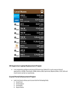 VO Supervisor LaptopReplacement Project
 I am assignedtoconfigure andsetupVOSupervisorTabletPCinsucha wayso that all
applications (ATMS,Transitsafe, VAMS,Hastus,BOE,SpaPortal,MysteryRider,CCAT,M3 and
much more) can be run seamlessly.
Crystal Portal Enhancement Project
 Look intohowto allowuserstooverride the followingfields:
1. Email From
2. Email Subject
3. Email Body
4. ReportName
 