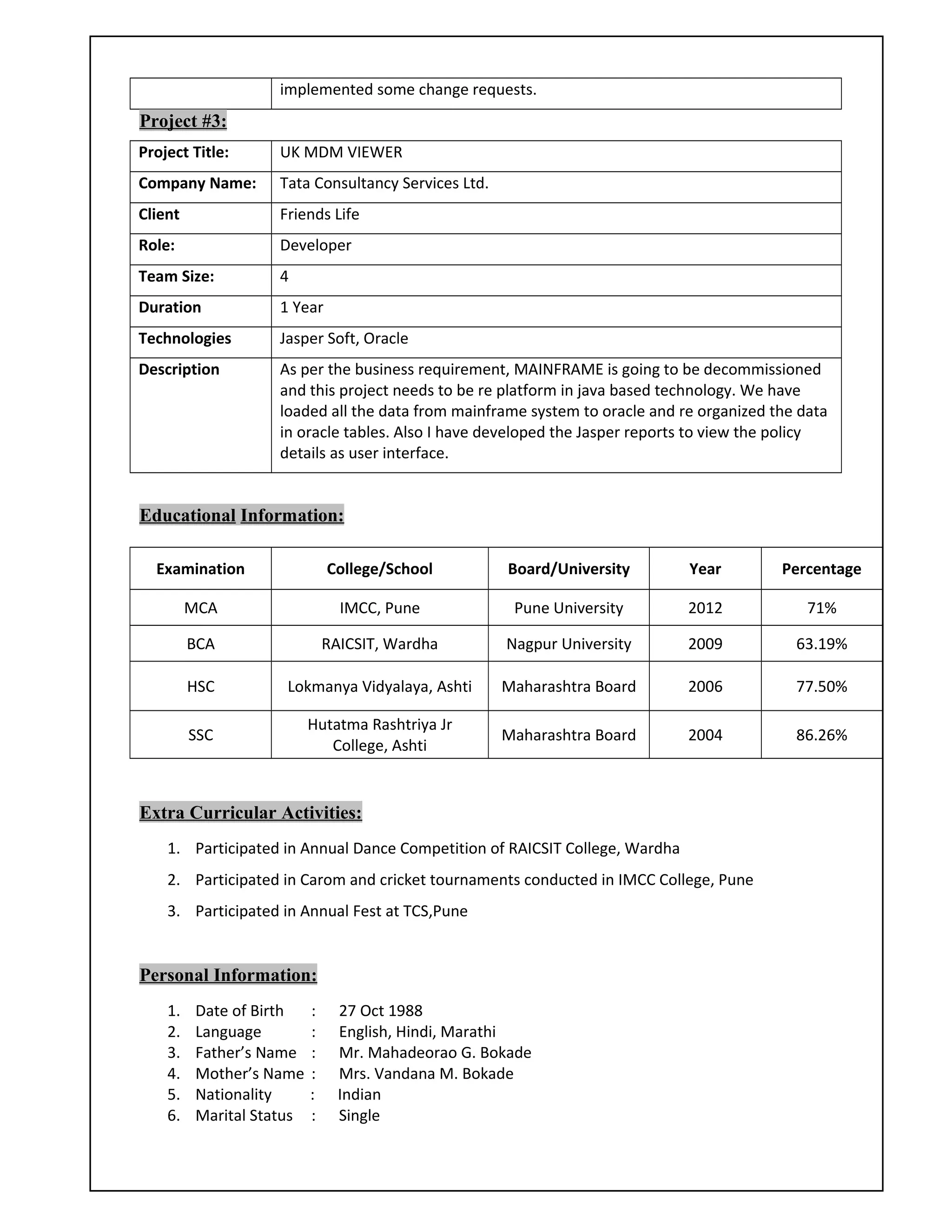 implemented some change requests.
Project #3:
Project Title: UK MDM VIEWER
Company Name: Tata Consultancy Services Ltd.
Client Friends Life
Role: Developer
Team Size: 4
Duration 1 Year
Technologies Jasper Soft, Oracle
Description As per the business requirement, MAINFRAME is going to be decommissioned
and this project needs to be re platform in java based technology. We have
loaded all the data from mainframe system to oracle and re organized the data
in oracle tables. Also I have developed the Jasper reports to view the policy
details as user interface.
Educational Information:
Examination College/School Board/University Year Percentage
MCA IMCC, Pune Pune University 2012 71%
BCA RAICSIT, Wardha Nagpur University 2009 63.19%
HSC Lokmanya Vidyalaya, Ashti Maharashtra Board 2006 77.50%
SSC
Hutatma Rashtriya Jr
College, Ashti
Maharashtra Board 2004 86.26%
Extra Curricular Activities:
1. Participated in Annual Dance Competition of RAICSIT College, Wardha
2. Participated in Carom and cricket tournaments conducted in IMCC College, Pune
3. Participated in Annual Fest at TCS,Pune
Personal Information:
1. Date of Birth : 27 Oct 1988
2. Language : English, Hindi, Marathi
3. Father’s Name : Mr. Mahadeorao G. Bokade
4. Mother’s Name : Mrs. Vandana M. Bokade
5. Nationality : Indian
6. Marital Status : Single
 