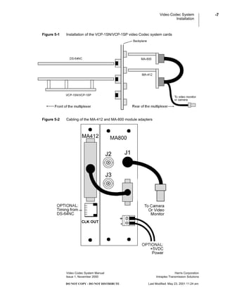 Video Codec System
Installation
Video Codec System Manual Harris Corporation
Issue 1, November 2000 Intraplex Transmission Solutions
-7
DO NOT COPY - DO NOT DISTRIBUTE Last Modified: May 23, 2001 11:24 am
Figure 5-1 Installation of the VCP-1SN/VCP-1SP video Codec system cards
Figure 5-2 Cabling of the MA-412 and MA-800 module adapters
 