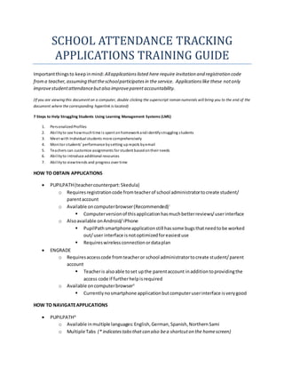 SCHOOL ATTENDANCE TRACKING
APPLICATIONS TRAINING GUIDE
Importantthingsto keepinmind: Allapplicationslisted here require invitation and registration code
froma teacher,assuming thattheschoolparticipatesin the service. Applicationslike these notonly
improvestudentattendancebutalso improveparentaccountability.
(If you are viewing this document on a computer, double clicking the superscript roman numerals will bring you to the end of the
document where the corresponding hyperlink is located)
7 Steps to Help Struggling Students Using Learning Management Systems (LMS)
1. PersonalizedProfiles
2. Abilityto see howmuchtime is spent onhomeworkandidentifystruggling students
3. Meet with Individual students more comprehensively
4. Monitor students’ performance bysetting uprepots byemail
5. Teachers can customize assignments for student basedontheir needs
6. Abilityto introduce additional resources
7. Abilityto viewtrends and progress over time
HOW TO OBTAIN APPLICATIONS
 PUPILPATH(teachercounterpart:Skedula)
o Requiresregistrationcode fromteacherof school administratortocreate student/
parentaccount
o Available oncomputerbrowser(Recommended)i
 Computerversionof thisapplicationhasmuchbetterreviews/userinterface
o Alsoavailable onAndroid/ iPhone
 PupilPathsmartphoneapplicationstill hassome bugsthatneedtobe worked
out/user interface isnotoptimizedforeasiestuse
 Requireswirelessconnectionordataplan
 ENGRADE
o Requiresaccesscode fromteacheror school administratortocreate student/parent
account
 Teacheris alsoable toset upthe parentaccount inadditiontoprovidingthe
access code if furtherhelpisrequired
o Available oncomputerbrowserii
 Currentlynosmartphone applicationbutcomputeruserinterface isverygood
HOW TO NAVIGATEAPPLICATIONS
 PUPILPATHiii
o Available inmultiple languages:English,German,Spanish,NorthernSami
o Multiple Tabs (* indicatestabsthat can also bea shortcuton the homescreen)
 
