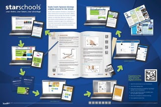 Studio Creativ Xpression developed a comprehensive
digital infrastructure to promote the solution offering
of education service provider Star Schools. It includes
websites, an online store, electronic versions of
Star Schools printed workbooks with mobile device
integration, smartphone apps of the workbooks, a
virtual learning ecosystem for desktop computers and
tablets, and a social media network that promotes
knowledge sharing.
Studio Creativ Xpression develops
a digital universe for Star Schools
www.starschools.co.za
shop.mystar.co.za
learn.mystar.co.za
connect.mystar.co.za
Experience the
Star Schools
digital universe
www.starschoolshigh.co.za
1.	 Open the web browser on your smartphone.
2.	 Go to http://gettag.mobi
3.	 Follow the instructions to install the Tag Reader
specific to your smartphone.
4.	 Once the Tag Reader has been installed, open
the Tag Reader application.
5.	 Point your smartphone camera to the tag.
6.	 Your experience starts here.
page 33
 
