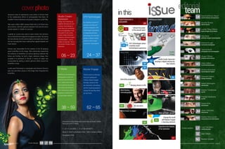 editorialteam
Guest writers
A good impression is
unavoidable
Illustration
Evolving your brand
Creativ
Energy
Binary Brats
Mind blowing
cinematography
Internship programme
Bringing dreams to life
3D animation
Celebrating Heritage Day
Unleash the power
of the annual report
CPS Technologies where
creativity meets
technological supremacy
Studio Creativ Xpression
develops a digital universe for
Star Schools
Cover design:
coverphoto
Xpression owes its spectacular cover photo of Simran Patel
to the collaborative efforts of photographer Nita West, 3D
modeller Potsiso Mashiane and graphic designer Lucille Pillay.
Nita used a Nikon D800 camera fitted with a 24-70mm lens
set at 62mm, 250 ISO, aperture between f/5.6 and f/8, and a
shutter speed of 1/200th of a second.
A gentle air current was used to inject motion into Simran’s
hair so that the final image did not appear too static. By having
her look directly into the camera lights more light was infused
into her naturally dark irises, making them appear brighter and
more vibrant.
Potsiso was responsible for the creation of the 3D glowing
green butterflies on the image. After extensively researching
the anatomy of butterflies, as well as glowing creatures like
fairies and fireflies, he built a basic reference shape, then
sculpted it to perfection in Zbrush. A sense of magic was
incorporated by adding a radiant glimmer effect around the
butterflies’ wings.
Lucille used Photoshop to manipulate and enhance Simran’s
eyes, lips and other colours in the image, then integrated the
butterflies.
08
14
20
30
46
34
36
32
10
18
24
Change the world
with Mystar Engage
e-learning solutions
Taking photography
to the next level
Baby got back...ground
Where music is oxygen
38
50
50
44
52
54
12
19
34
43
55
60
41
61
55
28
40
29
41
58
57
06
67
Experience the freedom
of our xpression
Studio Creativ
Xpression
Design and creativity go
together like popcorn and
a movie. Good design is
more than just something
cute and appealing, it has
the power to tell a story,
invoke a deep emotional
response, and even inspire
transformation – all in a
matter of seconds. This is
the world of Studio Creativ
Xpression.
06–23
CPS Technologies
As a leading turnkey ICT
solutions provider and
systems integrator, CPS
Technologies specialises
in integrating the best
technology with the best
people to deliver holistic
solutions that exceed
customers’ expectations.
24–37
Mystar Engage
There’s more to e-learning
than just reading and
clicking. Mystar Engage
develops solutions that
are interactive, stimulating
and fun, inspiring people to
change the way they think,
act and work.
62–65
G1
Media
Whether its cinematography,
photography or audio, the
seasoned eyes and ears of
the G1
Media team ensure
that everything that leaves
their studios (including the
48m2 Chroma key studio) is
flawlessly mastered and of
an impeccable standard.
38–59
All graphics and photography exclusively by Studio Creativ
Xpression and G1 Media.
T: +27 11 018 5020 | F: +27 86 403 9870
Block B | Wild Fig Business Park | 1494 Cranberry Street
Honeydew 2040
page 5
 