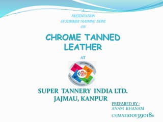 A
PRESENTATION
OFSUMMERTRAINING DONE
ON
CHROME TANNED
LEATHER
AT
SUPER TANNERY INDIA LTD.
JAJMAU, KANPUR
PREPARED BY :
ANAM KHANAM
CSJMA11001390186
 
