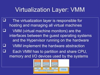 Virtualization Layer: VMM
 The virtualization layer is responsible for
hosting and managing all virtual machines
 VMM (virtual machine monitors) are the
interfaces between the guest operating systems
and the Hypervisor running on the hardware
 VMM implement the hardware abstraction
 Each VMM has to partition and share CPU,
memory and I/O devices used by the systems
 